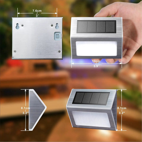 Dimensions and features of Solar Step Lights For Decks Pathways Stairs And Yard Fences LED Outdoor Waterproof Warm White Glow No Fuss Install
