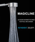 304 Stainless Outdoor Shower Kit In Brushed Nickel, High Pressure Shower System With Overhead Rainfall Shower, Handheld Spray, And Tub Tap Diverter, All In One Built To Last Durable Outdoor Shower, Weatherproof Stainless Steel close-up showing water flow from shower head.