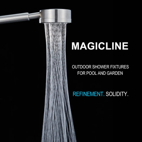 304 Stainless Outdoor Shower Kit In Brushed Nickel, High Pressure Shower System With Overhead Rainfall Shower, Handheld Spray, And Tub Tap Diverter, All In One Built To Last Durable Outdoor Shower, Weatherproof Stainless Steel close-up showing water flow from shower head.
