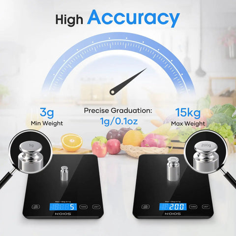Dialed In Kitchen Scale For Precise Cooking And Baking With 33 Pound Capacity Digital Food Scale 1g 0.1oz Graduation Tare Function Type C Charging LCD Display Anti Slip Grams And Ounces Black showing high accuracy and weight measurements.