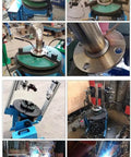 Badass Benchtop Welding Positioner Rotary Table with foot pedal in use, performing pipe welding at various angles.
