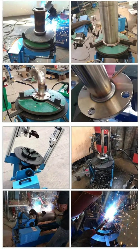 Badass Benchtop Welding Positioner Rotary Table with foot pedal in use, performing pipe welding at various angles.
