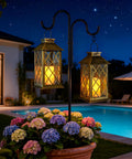 Solar Lanterns Outdoor Waterproof Garden Lanterns With Metal Leaf Pattern hanging by pool at night, illuminating flowers