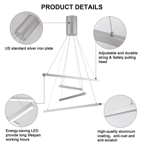 Modern LED Linear Pendant Chandelier With Dimmable Four Lights, Adjustable Wire Design, Cool White 6000K, product details