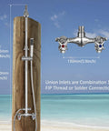 Wall Mount Outdoor Shower Kit With Handheld Spray, Double-Handle Exposed Shower, Chrome Finish, on beach setting
