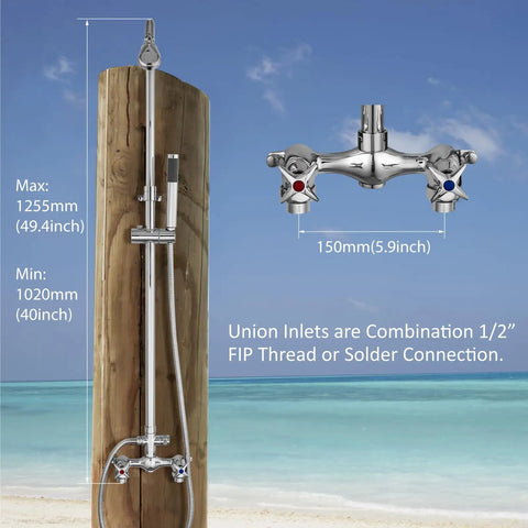 Wall Mount Outdoor Shower Kit With Handheld Spray, Double-Handle Exposed Shower, Chrome Finish, on beach setting