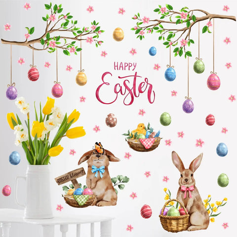 Happy Easter Totally Cute Wall Decals Set With Bunny And Eggs Tree Branch Design Peel And Stick Window Clings For Living Room Bedroom And Nursery Spring Decor Easy Peel And Stick For Quick Home Decor