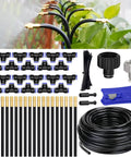Drip Irrigation System 65.5Ft Flexible 360 Degree Bendable Nozzles With Quick Connectors, garden kit components displayed.