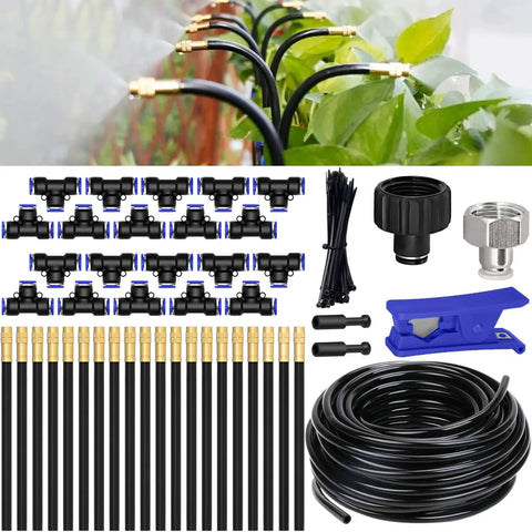 Drip Irrigation System 65.5Ft Flexible 360 Degree Bendable Nozzles With Quick Connectors, garden kit components displayed.