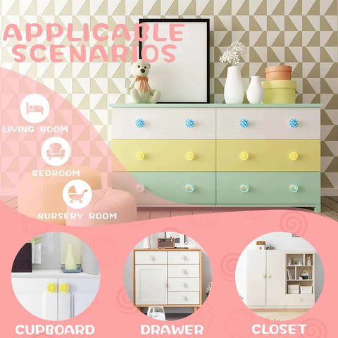 Six Piece Set Lemon Yellow Cartoon Cabinet Drawer Knobs Super Soft Rubber Pulls With Rust Proof Zinc Base No Sweat Screw Installation For Closets Organizers And Bookcases displayed on furniture in a modern living space.
