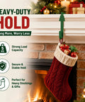 Heavy Duty Christmas Adhesive Wall Hooks For Stockings And Garland Damage Free Clear Sticky Holders With Chill Out Setup For Sweet Grip Mantel Holiday Decoration displayed holding a red stocking with gifts.