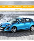 Blue 2010-2013 Mazda 3 hatchback parked by ocean, specific fitment details for Six Piece Front Lower Control Arm Set With Ball Joints And Tie Rod Bushings For Mazda 3 2010 2011 2012 2013 Built For Tough Cornering, Smoother Ride, Less Body Roll, And Longer Suspension Life.