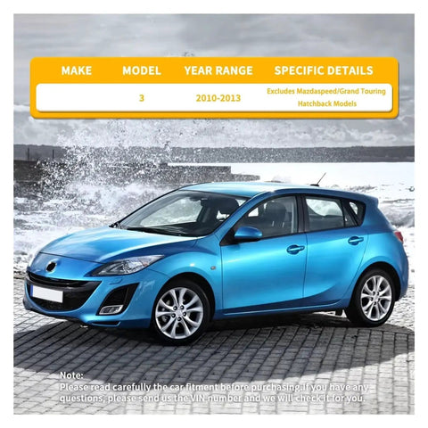 Blue 2010-2013 Mazda 3 hatchback parked by ocean, specific fitment details for Six Piece Front Lower Control Arm Set With Ball Joints And Tie Rod Bushings For Mazda 3 2010 2011 2012 2013 Built For Tough Cornering, Smoother Ride, Less Body Roll, And Longer Suspension Life.