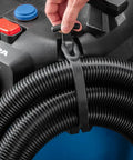 Close-up of 9 Gallon HEPA Dust Collector Auto Starts With Your Power Tools, heavy duty vacuum showing hose and latch.