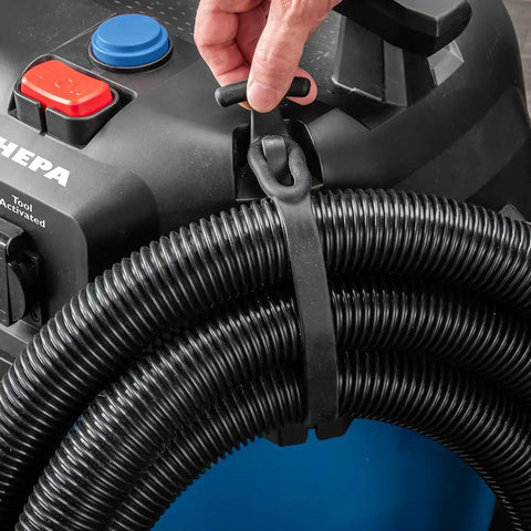 Close-up of 9 Gallon HEPA Dust Collector Auto Starts With Your Power Tools, heavy duty vacuum showing hose and latch.