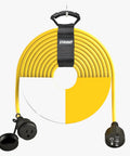 Heavy Duty Outdoor Extension Cord 200 Feet 12 Gauge 3 Prong Grounded Power Cable, Bright Yellow, coiled with black handles