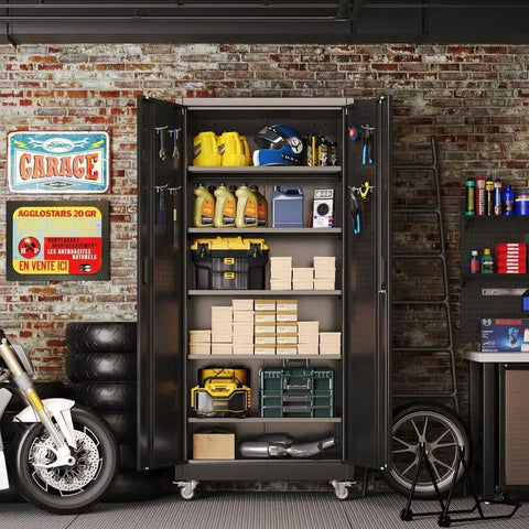 Heavy Gauge Steel Rolling Garage Storage Cabinet With Full Pegboard Door Cruises Easy While Securing All Your Grease Monkey Power Drill Paint Can Gear Securely