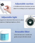 Game Changing Nail Dust Extractor With Bright Dimmable Led Lamp And Tunable Suction Power controls for suction and light adjustment.