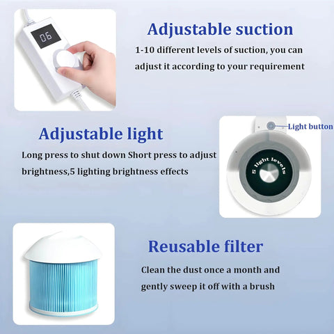 Game Changing Nail Dust Extractor With Bright Dimmable Led Lamp And Tunable Suction Power controls for suction and light adjustment.
