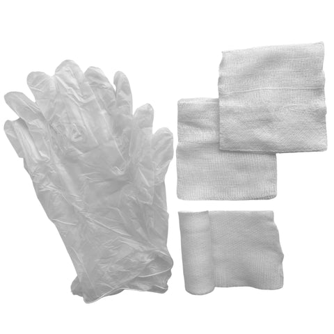 First aid training kit components, top-down view: white disposable gloves and folded gauze pads.
