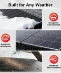 Built Tough 400 Watt Monocrystalline Solar Panel With Extended Mc4 Wiring For 12 Volt Or 24 Van Life Off Grid Power Setups And Mppt Controllers Pre Wired, showcasing durability against snow, rain, and wind.