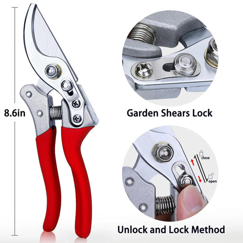 8.6 Inch Pruning Shears For Gardening With Sharp SK5 Steel Blades, ergonomic red handles, showing lock mechanism detail.