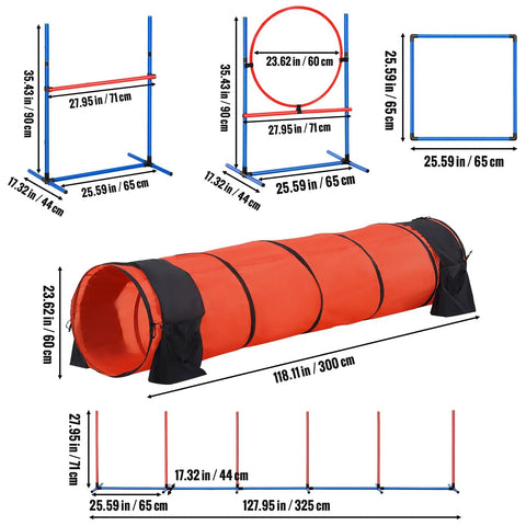 Dog Agility Training Kit 5-Piece Set with Adjustable Hurdles, Weave Poles, Extended Tunnel, dimensions listed for each part