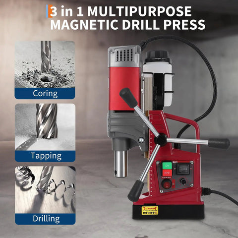 1550W Magnetic Drill Press 1.57 Inch Mag Bit Machine with controls for coring, tapping, and drilling on metal surfaces.