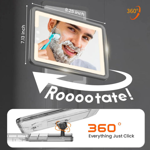 Heated Fog-Free LED Shower Mirror With 3 Dimmable Lights, 360 Degree Adjustable, Rechargeable, Drill-Free Mount shown rotating