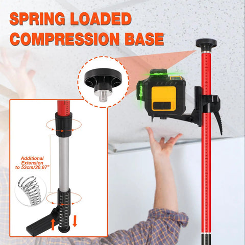 Telescoping Laser Level Pole Workhorse with compression base for ceiling alignment, showing spring mechanism and pole extension.