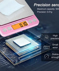 Close-up of 0.01g High Precision Kitchen Scale With 500g Capacity Portable Digital Scale LCD Display Tare Function Dual Tray Batteries Included Pink