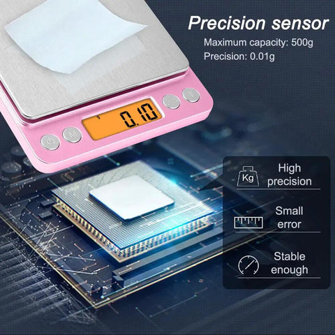 Close-up of 0.01g High Precision Kitchen Scale With 500g Capacity Portable Digital Scale LCD Display Tare Function Dual Tray Batteries Included Pink