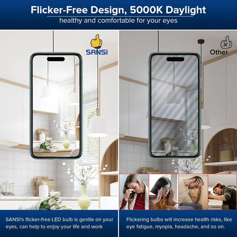 Comparison of flicker-free 5000K daylight design LED bulb by Sansi and other bulb highlighting eye comfort in a kitchen setting.