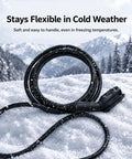 Premium Sae J1772 Level 2 Electric Vehicle Charging Cord on snow, demonstrating flexibility in cold weather, 25 feet long.