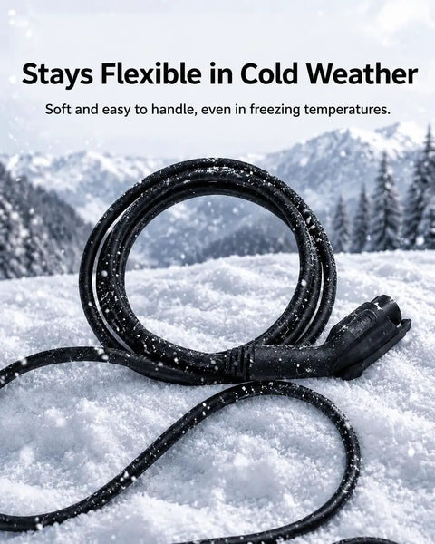 Premium Sae J1772 Level 2 Electric Vehicle Charging Cord on snow, demonstrating flexibility in cold weather, 25 feet long.
