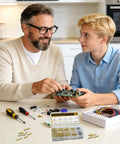 Top Shelf 280 Pcs M2.5 Motherboard Standoffs And Premium Brass Screws Kit used while assembling electronics with a father and son.