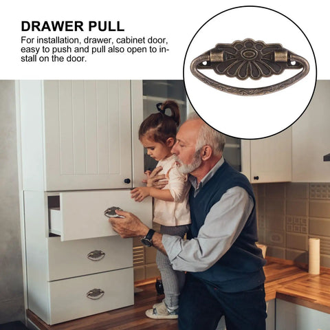 Antique Alloy Drawer Ring Pull Handles For Cabinets Dressers And Wooden Boxes With Screws, 4 pack shown with installation