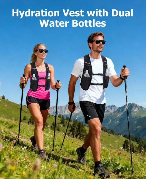 Two hikers wearing lightweight running vest with dual 500ml soft flasks for hydration, unisex pack for marathon training.