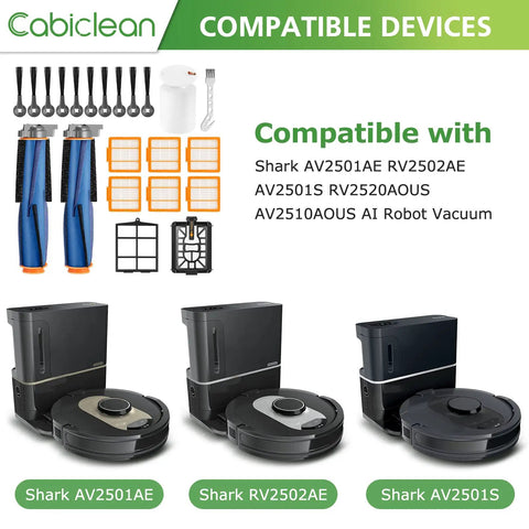 Replacement Parts Kit For AV2501S AV2501AE Robot Vacuums Including RV2502AE RV2520AOUS AV2510AOUS Accessories With Main Roller Brush Filters And More displayed with brushes and filters.