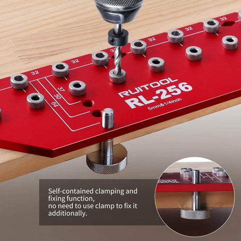 Shelf Pin Jig For Quick And Precise Shelf Installation, Drills 11 Holes In One Pass With All Metal Construction, clamping on wood