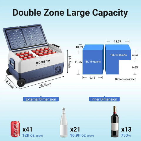 Double zone large capacity Dual Zone 12V Portable Car Refrigerator Freezer With App Control, 38 Quart Capacity (36L)