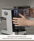 Compact Espresso Machine With 20 Bar Pressure And Digital Temp Display, person removing 50 oz water tank.