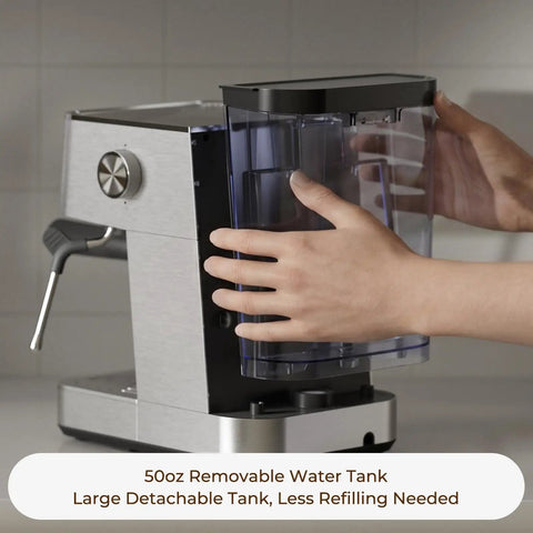 Compact Espresso Machine With 20 Bar Pressure And Digital Temp Display, person removing 50 oz water tank.