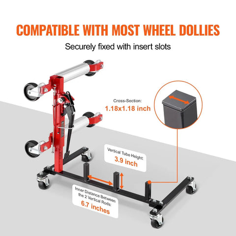 Car Dolly Rack Storage Organizer With 360 Degree Rotatable Wheels And Hydraulic Ratchet Trolley Jack Stand Holder for four dollies.