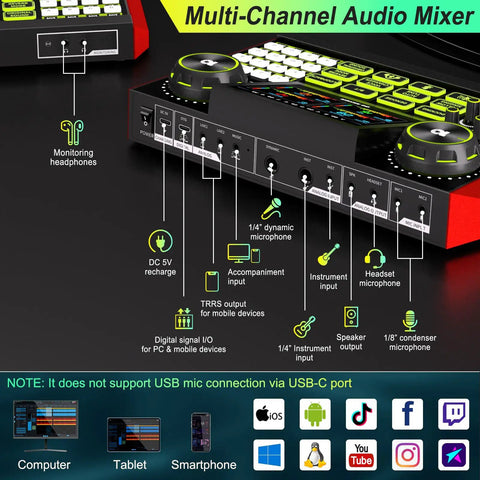 All-In-One Podcast And Streaming Studio Bundle With Audio Mixer And 3.5mm Condenser Microphone, showcasing input options.