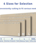 Four beige desk pads in varying sizes, with labeled dimensions, showcasing options for Premium Leather Desk Pad Protector For A Clean Boss Level Desk Setup, Non Slip Mouse Pad And Laptop Desk Mat, Waterproof Leather Blotter, Office And Home Writing Pad, 30 X 14 Inches In Beige.