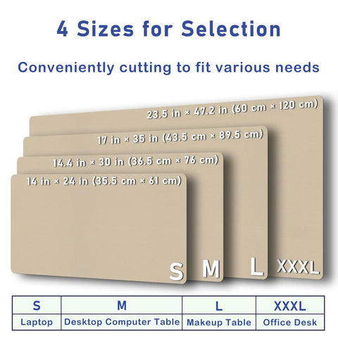 Four beige desk pads in varying sizes, with labeled dimensions, showcasing options for Premium Leather Desk Pad Protector For A Clean Boss Level Desk Setup, Non Slip Mouse Pad And Laptop Desk Mat, Waterproof Leather Blotter, Office And Home Writing Pad, 30 X 14 Inches In Beige.