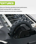Close-up of left drive wheel module in Roomba 500-980 series, featuring brush housing, showcasing plug and play installation.