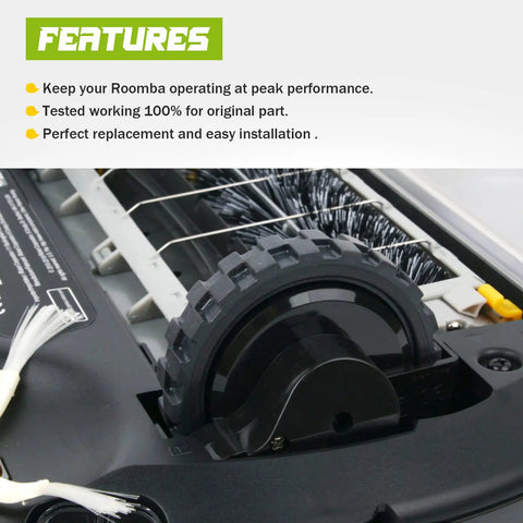 Close-up of left drive wheel module in Roomba 500-980 series, featuring brush housing, showcasing plug and play installation.