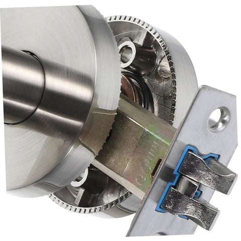 Close-up of silver latch mechanism from Interior Passage Door Handle Set With Sleek Knob And Lever For Bedrooms And Storage Rooms Easy To Install